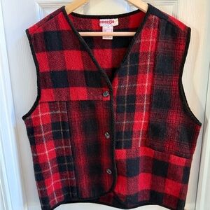 VINTAGE 90s Energie recycled wool grandpa VEST M Buffalo Plaid Red Black Holiday